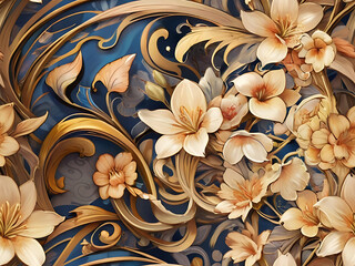 Seamless pattern majestic golden flowers on royal blue background, King's garden ornate decoration illustration