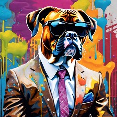 Boxer dog wearing a suit and sunglasses 