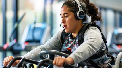 A person with a disability using adaptive equipment to exercise
