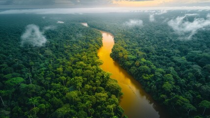 From above, there are magnificent views of lush green rainforest and a yellow river meandering through tropical biodiversity.
