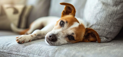 Obraz premium A small dog is sleeping on a couch.