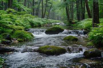 Obraz premium Tranquil Stream Amidst Lush Forest Wilderness