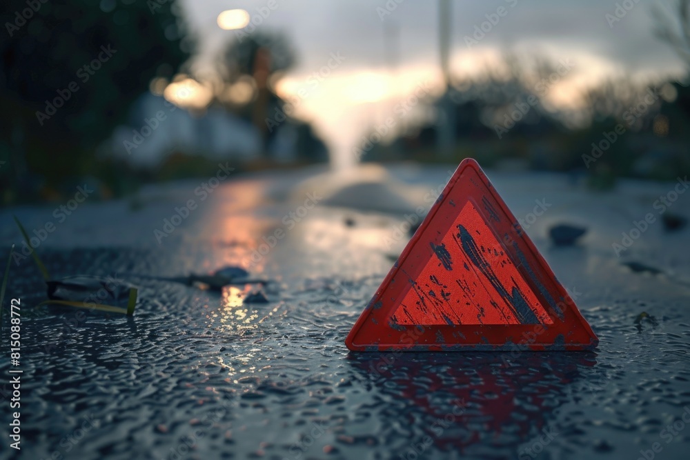 Aufkleber a red triangular sign on the side of a road, suitable for traffic and transportation concepts