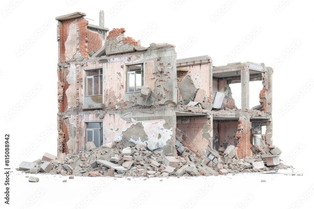 Poster a building with rubble scattered around it. ideal for illustrating urban decay or post-apocalyptic s