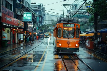 Fototapeta premium Rainy City Street Illuminated by Tram Lights