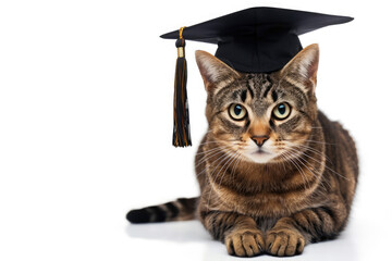 Tabby domestic cat in black graduation cap, laying on white isolated background. Graduation ceremony, prom, university degree, education concept.