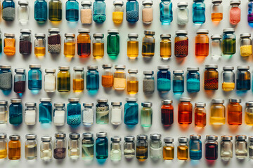 A collection of different colored bottles on a white background.