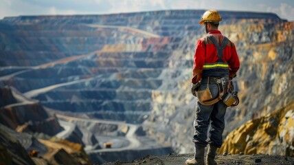 Copper mine worker in an open pit. His silhouette is silhouetted against the backdrop of the mountain range of the mine. Human labor and perseverance in mining.