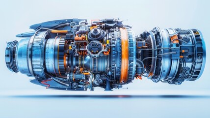 Powerful aircraft engine on a white background, detailed structure of the engine, internal parts. Every part of the engine is filled with energy and potential.