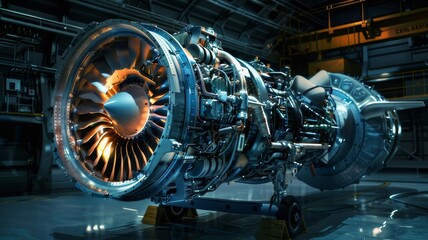 At the production site you can see a powerful aircraft engine, standing out for its massiveness and manufacturability. Every part of the engine is filled with energy and potential.