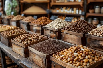 Assortment of Nutritious Nuts and Grains on Wooden Shelves in Retail Market Setting - Powered by Adobe