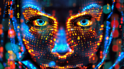 A woman's face is made up of computer code and is displayed in a colorful