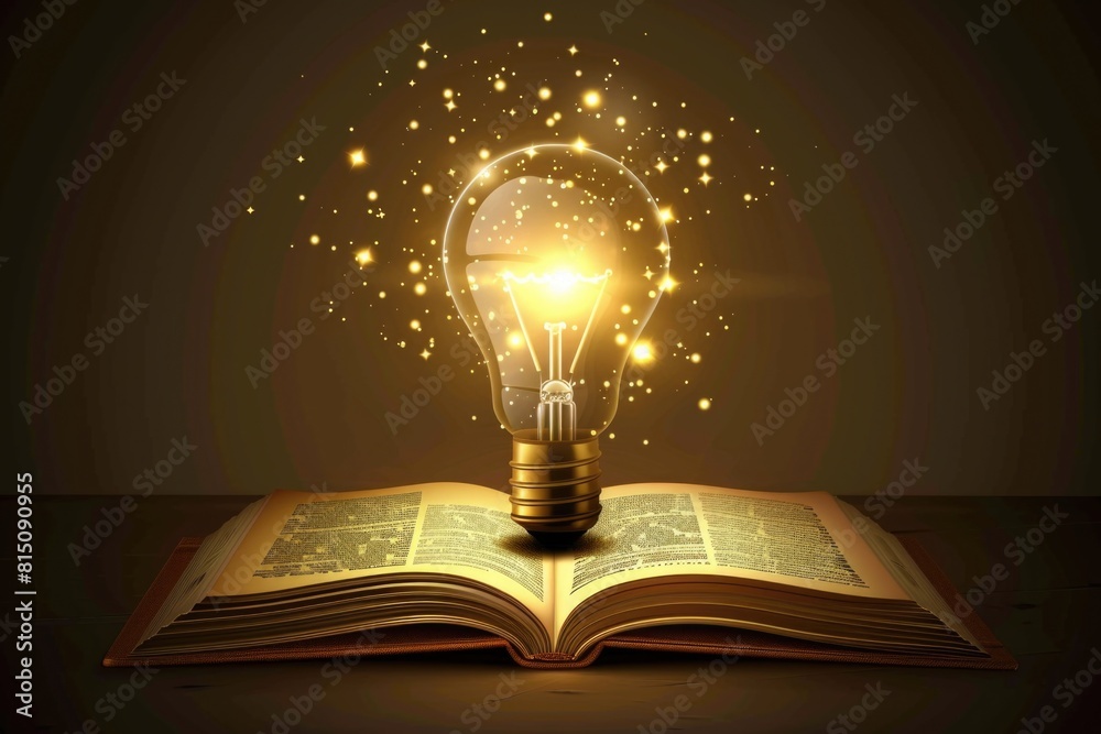Poster an open book with a glowing light bulb inside. perfect for educational concepts and creativity