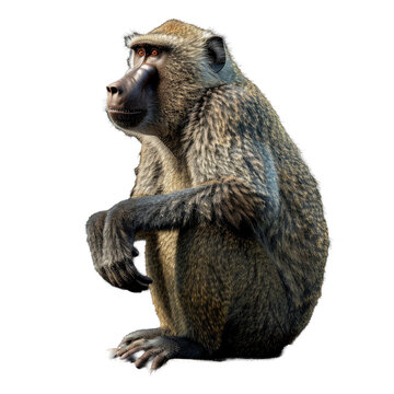 A baboon is sitting calmly in front of a plain Png background, a baboon isolated on transparent background