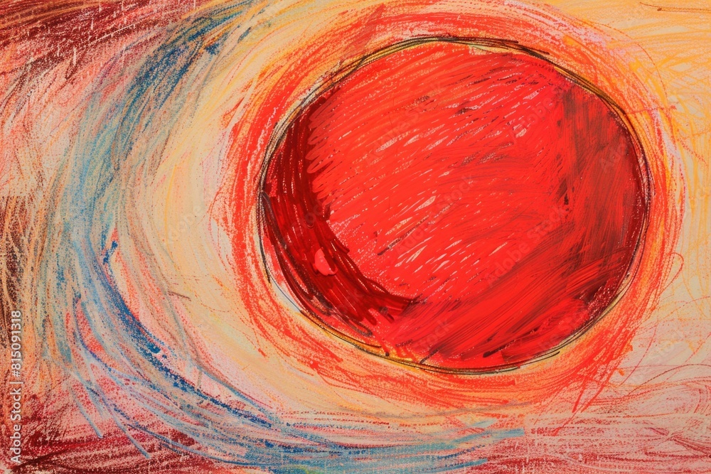 Poster a painting featuring a prominent red circle. suitable for graphic design projects