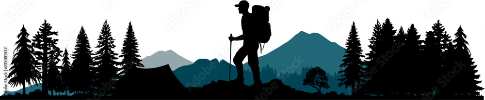 Wall mural vektor silhouette blaue berge wanderer in der natur - abenteuer wandern in den wäldern und gebirgen 