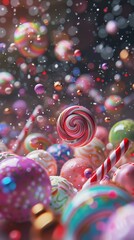 Colorful assortment of candies and lollipops floating in vibrant space during a festive celebration filled with joy and excitement