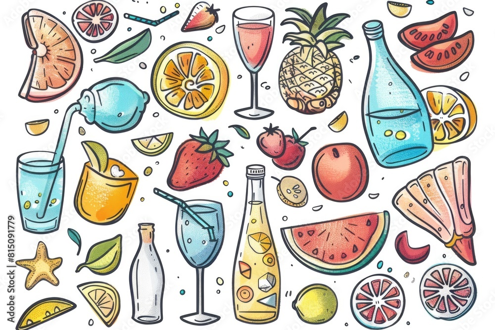 Poster a collection of different beverages and fresh fruits. ideal for food and beverage concepts
