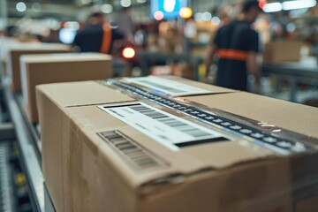 A box moves along a conveyor belt in a busy warehouse.
