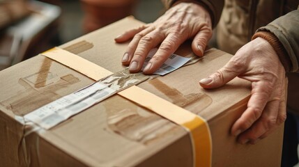 A delivery person carefully handles a cardboard box with fragile items. The box is being held with care and attention to ensure the safety of the items inside.