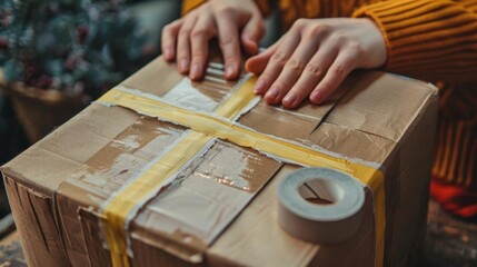 A woman taping up a cardboard box with yellow tape. She is wearing a yellow sweater.