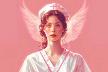 A woman wearing a nurse hat with angel wings on her head. Perfect for healthcare or spiritual concepts