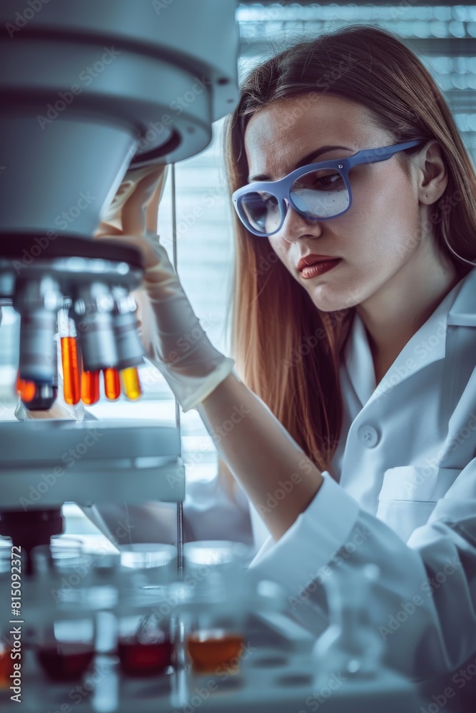Poster a woman in a lab coat examining something through a microscope. suitable for scientific and research