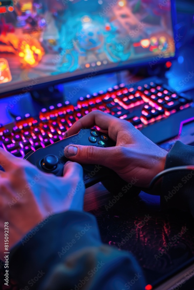 Poster a person engrossed in playing a video game on a laptop. ideal for technology or gaming concepts