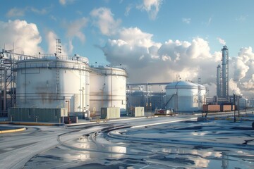 Obraz premium A factory with numerous tanks in the background. Suitable for industrial concepts