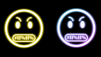 very angry and swearing word emojis in bright neon light on black background.
