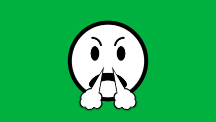 black and white very angry emoji with nose steam isolated on green screen.