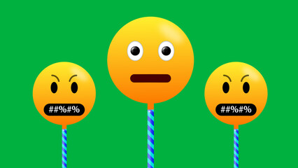 silent and two swearing word emoji stick isolated on green screen. serious condition emoji expression.