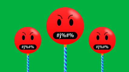 three angry emoji with obscene language and swearing word on green screen. concept for very angry feeling.