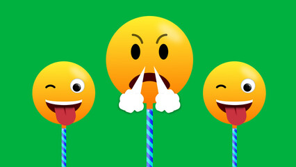 two zany and one angry emoji stick isolated on green screen. concept for very happy and funny moments.