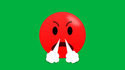 very angry and frustrated red emoji isolated on green screen. Steam puffs from nose emoji.
