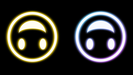 vertical face emoji in bright neon light with little smile on black background.