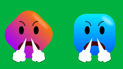 Blue and pink emoji in angry expression isolated on green screen. concept for angry feeling.
