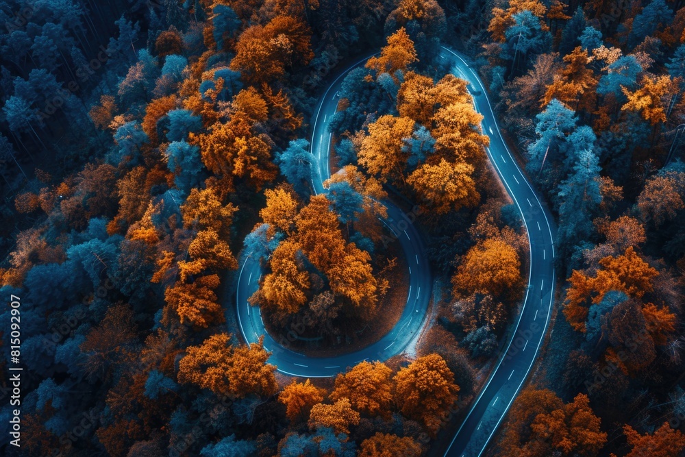Poster aerial view of a winding road surrounded by trees. suitable for travel and nature concepts
