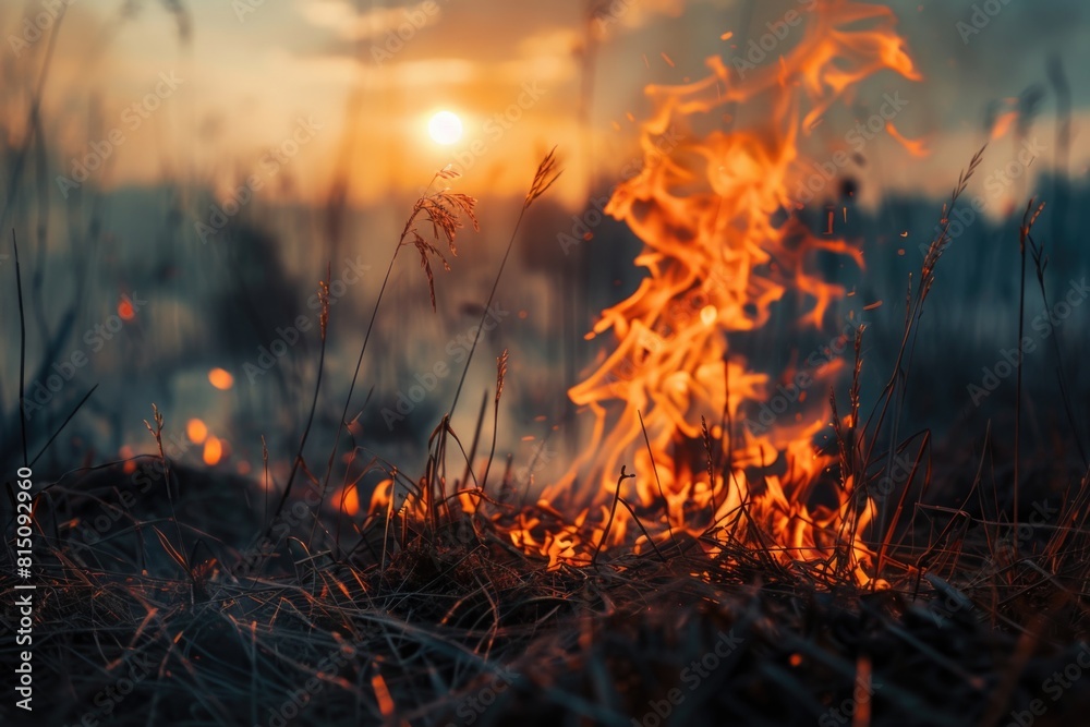 Poster a striking image of a fire burning in the middle of a field at sunset. perfect for illustrating conc