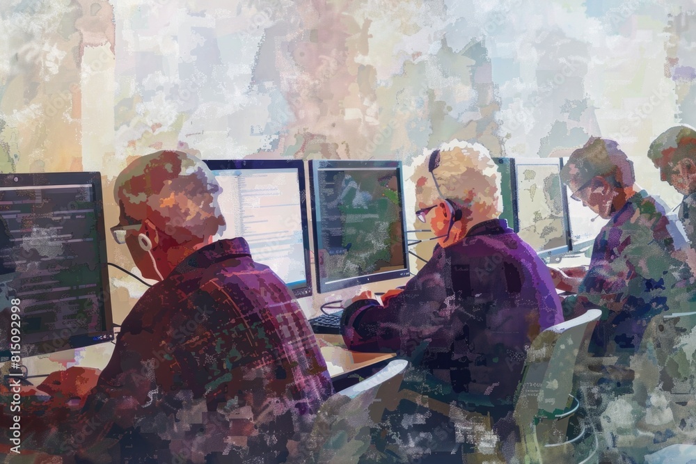 Poster a group of people sitting together at a computer desk. ideal for business or teamwork concepts