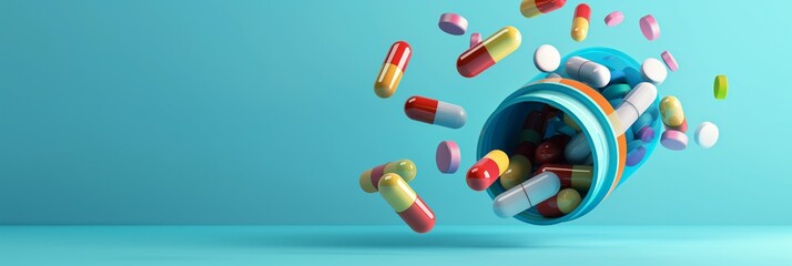 Colorful assorted pharmaceutical pills spilling out of a bottle against a blue background, concept of medicine