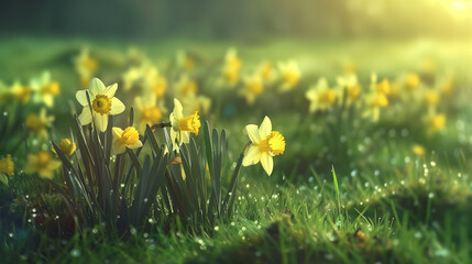 Yellow Daffodils in a Grassy Field