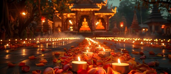 Candlelit Procession Around a Golden Shrine: A Devoted Buddhist Lent Night