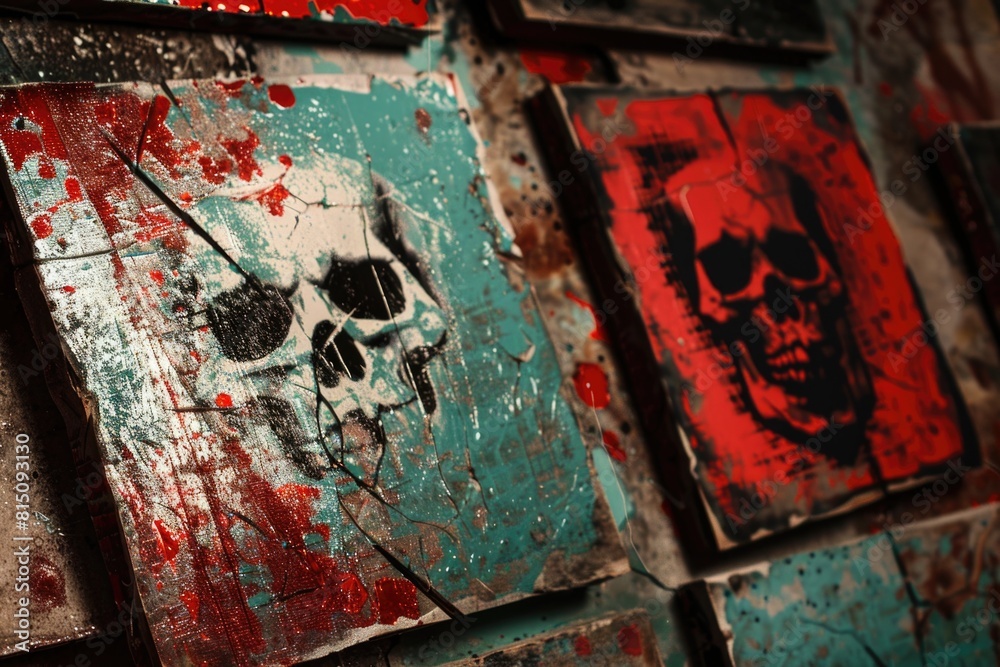Poster collection of paintings on a wall with a skull decoration. suitable for art gallery concepts