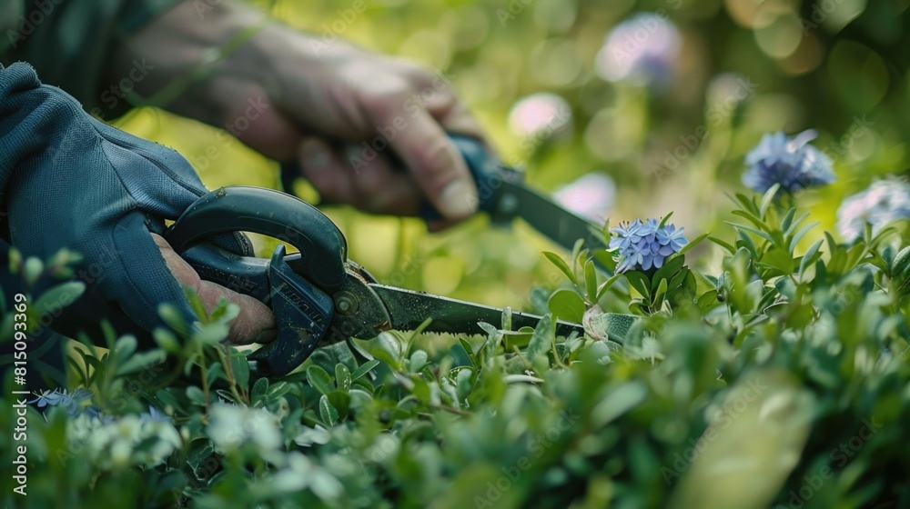 Poster a person using scissors to cut grass, suitable for gardening concepts