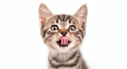 Close-up of a tabby kitten licking lips, isolated on light background. Cute pet and animal expression concept for cat food packaging. Design for poster, banner with copy space.