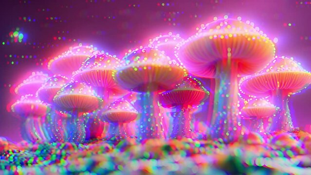 Psilocybin mushrooms, 4k video. Commonly known as magic mushrooms, a group of fungi that contain psilocybin which turns into psilocin upon ingestion and cause the psychedelic effects. Neon glow 4k