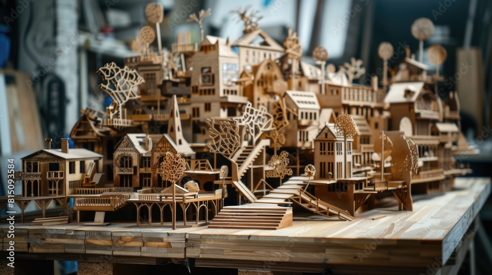 Poster a detailed wooden model of a town displayed on a table. perfect for architectural projects