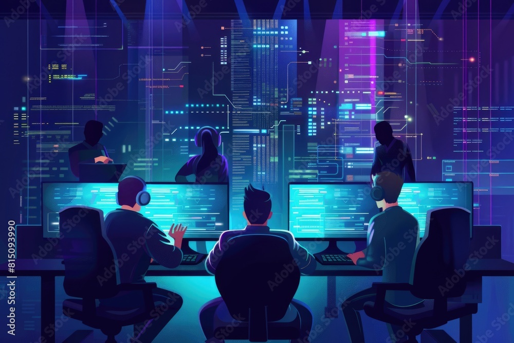 Poster A group of individuals sitting in front of computer monitors. Ideal for illustrating teamwork and collaboration in an office setting