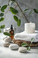 Tranquil Spa Scene: furnishing spa with towel, stones and oil on gray fuzzy background